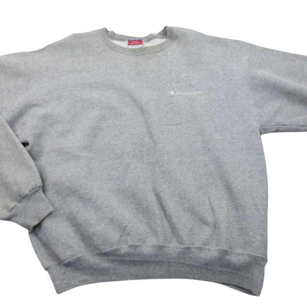 Champion Authentic Sweatshirt Mens Large Gray Fleece Lined Script‎ Logo Pullover